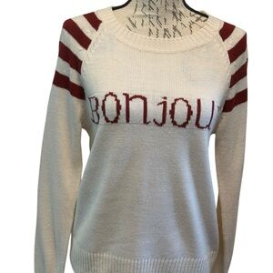 Rebellious One Cream Sweater with Burgundy Stripes and Bonjour Text